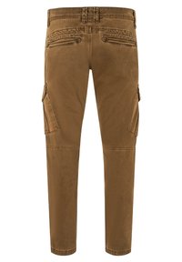 Brown cargo pants with a slim fit, featuring two side pockets, front zipper closure, and stitched detailing along the seams.