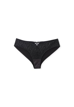 Black underwear featuring a floral lace design on the waistband, smooth satin texture on the front panel, and a classic brief cut.