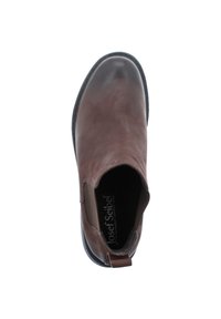 Stivaletto in pelle marrone con texture liscia, pannelli laterali elasticizzati e un manico per il pull. Suola in gomma nera con punta leggermente arrotondata.