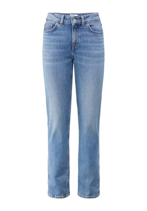 Lichtblauwe denimjeans met een recht gesneden ontwerp, vier zakken, knoopsluiting en subtiele vervaging. Klassieke tailleband met een gemiddelde hoogte.