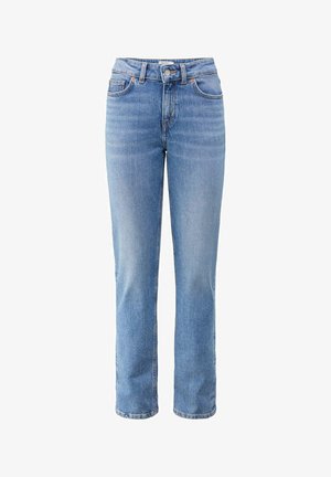 Hellblaue Denim-Jeans mit geradem Bein, vier Taschen, Knopfverschluss und subtilen Verblassungen. Klassischer Mid-Rise-Taillenbund.