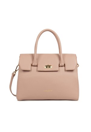 Borsa a mano in pelle testurizzata di colore rosa chiaro, con due manici superiori, chiusura a patta, fibbia in tonalità oro e tracolla removibile.