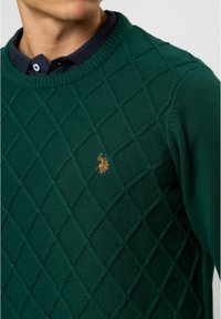 Zeleno pleteno pulover z diamantnim vzorcem, ki vključuje rebrast ovratnik in majhen zlat logotip na prsih.