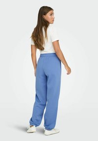 Blå svedbukser med elastisk talje og cuffs, kombineret med en hvid tætsiddende t-shirt, set fra ryggen.