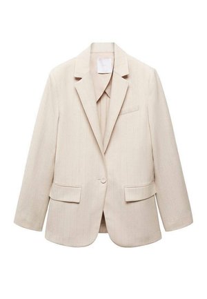Beige pinstriped blazer with a notched lapel, single button closure, two front pockets, and a chest pocket. Textured fabric.