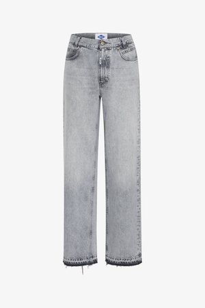 High-waisted, straight-leg jeans in light gray denim. Features include distressed hems and a classic button closure at the waist.