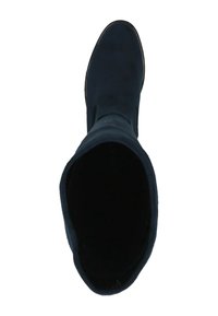 Bottes en suède bleu marine, montantes jusqu'au genou, avec un bout rond, une texture lisse et un léger talon. L'intérieur est sombre sans aucune marque visible.