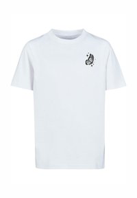 White cotton t-shirt featuring a small black butterfly and sparkles graphic on the left chest. Short sleeves and crew neck design.