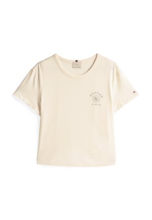 Crème-kleurige katoenen t-shirt met een ronde halslijn, korte mouwen en een klein gedrukt logo aan de voorkant. Heeft een subtiele textuur.