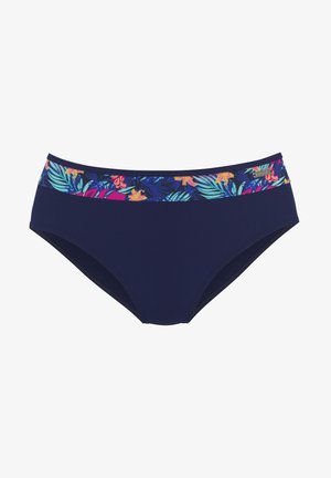 Navyblauer Bikini-Unterteil mit einem blumengemusterten Bund in lebendigen Farben. Hergestellt aus dehnbarem Material mit einer glatten Textur.