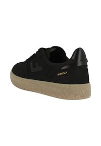 Black sneaker with a textured surface, featuring a black leather heel accent and a beige rubber sole. "BURELA" in gold on the side.