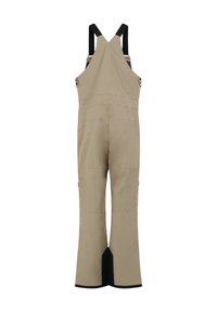 Salopette beige con spalline nere, gambe larghe e bottoni a pressione. Presenta una texture liscia e aree rinforzate all'orlo per una maggiore durabilità.