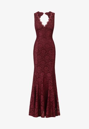 Bordeaux kanten avondjurk met een aansluitende bodice, V-halslijn en een uitlopende zoom. Heeft bloemmotieven en een geschulpte rugontwerp.