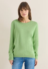 Femme aux cheveux bruns portant un pull à manches longues vert clair et un jean bleu, debout devant un fond beige uni.