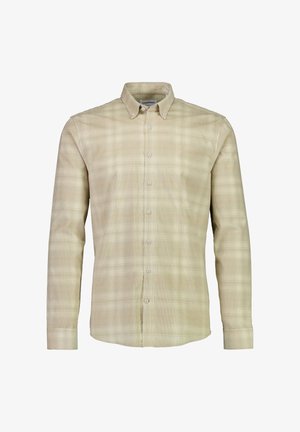 Langærmet skjorte i lys beige med et subtilt ternet mønster. Har en button-down krave og en frontlås med lyse knapper.