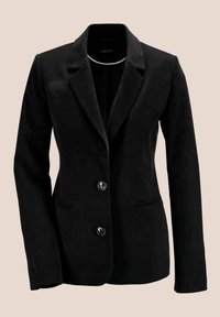 Schwarzer Blazer mit taillierterPassform, zwei vorderen Knöpfen und klassischen Revers. Verfügt über Seitentaschen und eine glatte Textur.