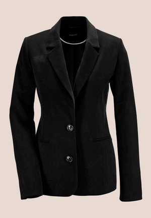 Zwarte blazer met een getailleerd ontwerp, twee knopen aan de voorkant en klassieke revers. Beschikt over zijzakken en een soepele textuur.
