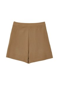 Braune maßgeschneiderte Shorts aus strukturiertem Stoff, mit flachem Frontdesign, seitlichen Taschen und geradem Schnitt.