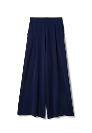 Pantalones anchos de pierna en azul marino con bolsillos laterales y cintura ajustada, fabricados con una tela suave y fluida.