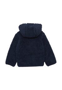 Marineblauwe fleece jas met een capuchon, met een zachte, textuurrijke buitenzijde en een relaxte pasvorm, geschikt voor casual gebruik.