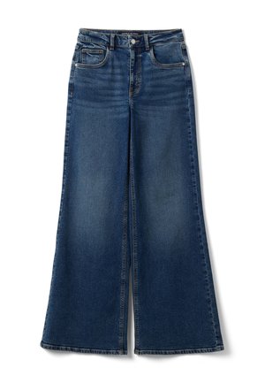 Weit geschnittene blaue Denim-Jeans mit hoher Taille, vorderer Knopfleiste, Reißverschluss und klassischem Fünf-Taschen-Design auf weißem Hintergrund.