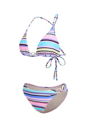 Dwuczęściowy bikini w pastelowe poziome paski w kolorach niebieskim, różowym, żółtym i czarnym, z topem na szyję i pasującym dołem z pierścieniowymi akcentami.