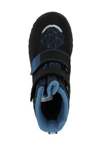Schwarze und blaue Kinderstiefel mit einem geometrischen Muster, zwei Klettverschlüssen und einem weichen, blau gefütterten Innenraum. Gummisohle für besseren Halt.