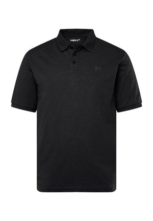 Polo shirt nera a maniche corte in cotone misto; presenta un'apertura con tre bottoni e un logo discreto sul petto. Texture morbida.