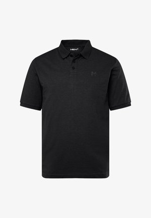 Czarna koszulka polo z krótkim rękawem wykonana z mieszanki bawełny; posiada trzy guziki przy kołnierzyku oraz subtelne logo na piersi. Gładka tekstura.