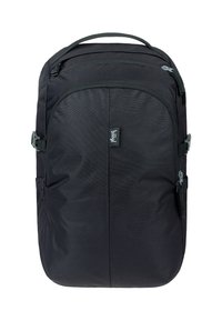 Black fabric backpack with a smooth texture, zippered compartments, side pockets, and adjustable straps. Features a logo tag on the front.