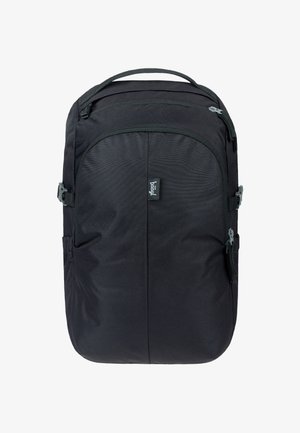 Black fabric backpack with a smooth texture, zippered compartments, side pockets, and adjustable straps. Features a logo tag on the front.