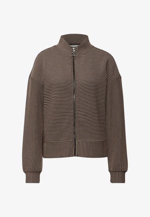 Pasiasta kurtka na zamek z wysokim kołnierzem, prążkowaną fakturą oraz luźnym krojem z elastycznymi mankietami i dołem w kolorach brązowym i kremowym.