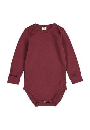Long-sleeve baby bodysuit in solid burgundy with envelope neckline and snap closures at the crotch.