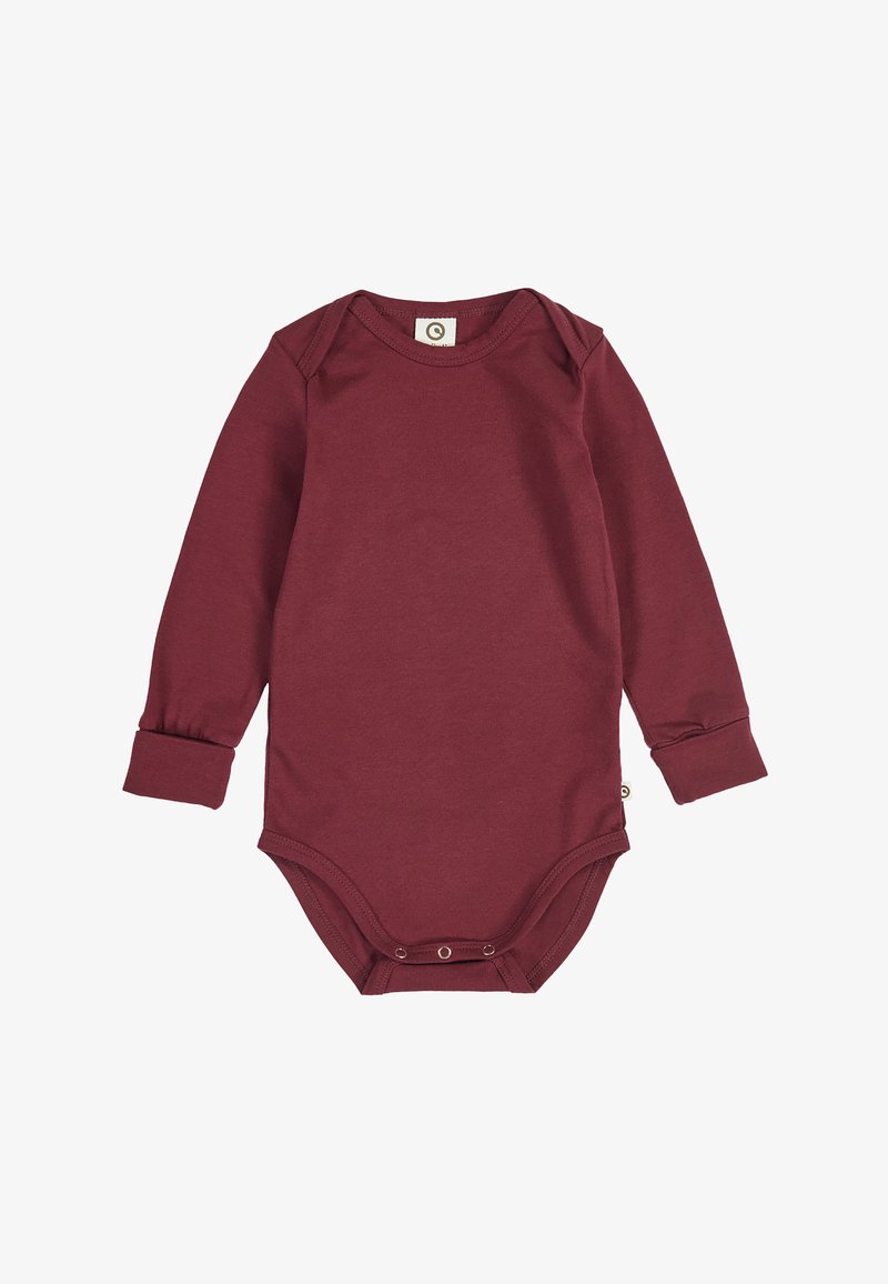Body bébé à manches longues de couleur bordeaux uni, avec encolure en forme d'enveloppe et boutons-pression à l'entrejambe.