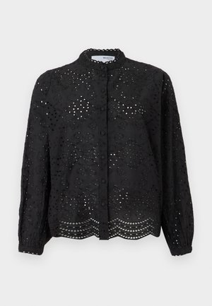 Black button-up blouse with long sleeves, featuring intricate eyelet design and scalloped hem. Made of lightweight fabric with a textured finish.