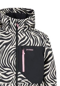 Zebratäcke takki, jossa on musta alaosa, vaaleanpunaiset vetoketjuakkentit ja korkea kaulus. Rintapocketissa on logo.