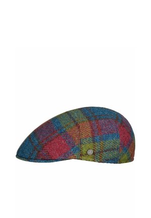 Flat cap with a multicolored plaid pattern in blue, red, green, and yellow wool fabric and a small branded metal button on the side.