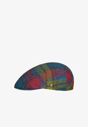 Flat cap with a multicolored plaid pattern in blue, red, green, and yellow wool fabric and a small branded metal button on the side.