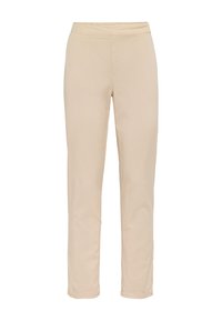 Beige kalhoty vyrobené z měkké tkaniny s rovnými nohavicemi. Mají elastický pas a hladkou strukturu bez viditelných vzorů.