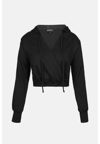 Sweat à capuche court noir avec manches longues, taille élastique, cordons de serrage et devant enveloppant.