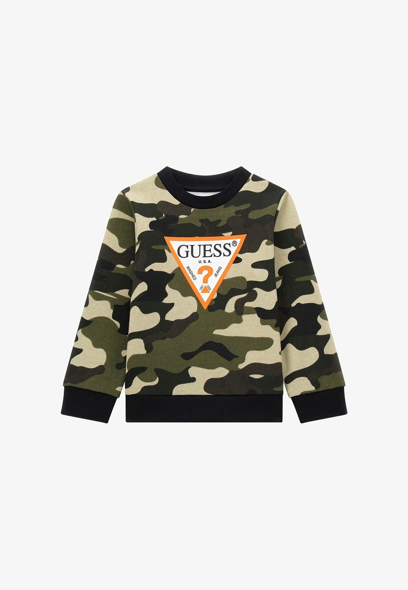 Sweat-shirt camouflage en nuances de vert et beige, avec un col et des poignets côtelés noirs contrastants, et un logo triangulaire orange au centre.