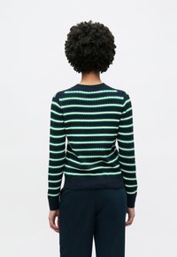 Πλεκτό ριγέ πουλόβερ με σκοτεινή μπλε βάση και οριζόντιες ρίγες σε πράσινο και λευκό, με ριμπ μανσέτες και τελείωμα, που παρουσιάζει υφή πλεκτού μοτίβου.