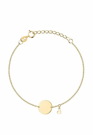 Zierliches Armband aus einer goldenen Kette mit einem runden blanken Anhänger und einem kleinen Herzanhänger nahe dem Verschluss.