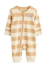 Stribet baby jumpsuit i beige og creme ribbet stof, med lange ærmer, frontlynlås og "AWESOME" tekstdetalje i lys blå.