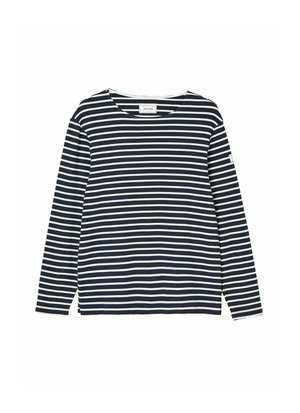 Long-sleeve top with navy and white horizontal stripes, round neckline, and small logo detail on the left sleeve. Soft cotton fabric.