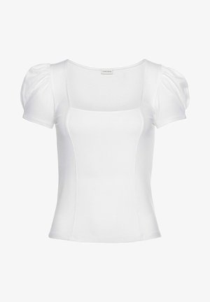 Top bianco a costine con scollo quadrato, maniche a sbuffo corte e silhouette aderente. Realizzato in un tessuto elasticizzato per il massimo comfort.