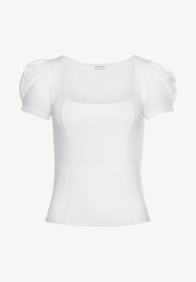 Top blanco con relieve, con escote cuadrado, mangas cortas abullonadas y un contorno ajustado. Hecho de una tela elástica para mayor comodidad.