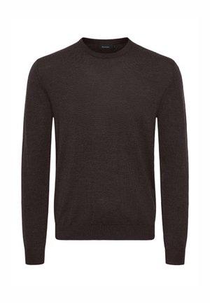 Pull en col rond marron en tissu texturé. Manches longues avec poignets et ourlet côtelés. L'étiquette indique la taille L à l'intérieur du col.