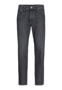 Jean en denim noir à taille haute, jambes droites, avec bouton avant, braguette zippée, et un design à cinq poches.