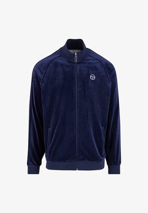 Marineblaue Velours-Jacke mit Reißverschluss und hohem Kragen, seitlichen Taschen und weißem Logodetail. Verfügt über eine glatte Textur sowie gerippte Bündchen und Saum.